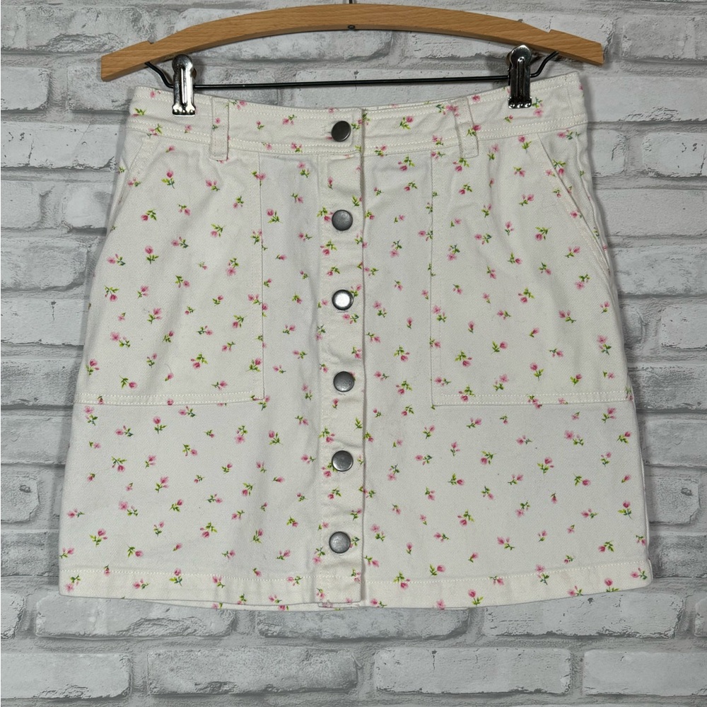 Brass Plum White Denim Pink Green Floral Button Mini Skirt